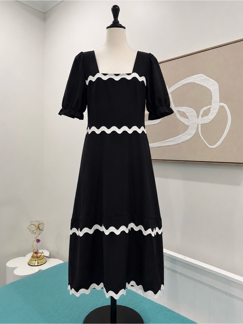 Black Midi Dress with White Wave Trim and Square Neck